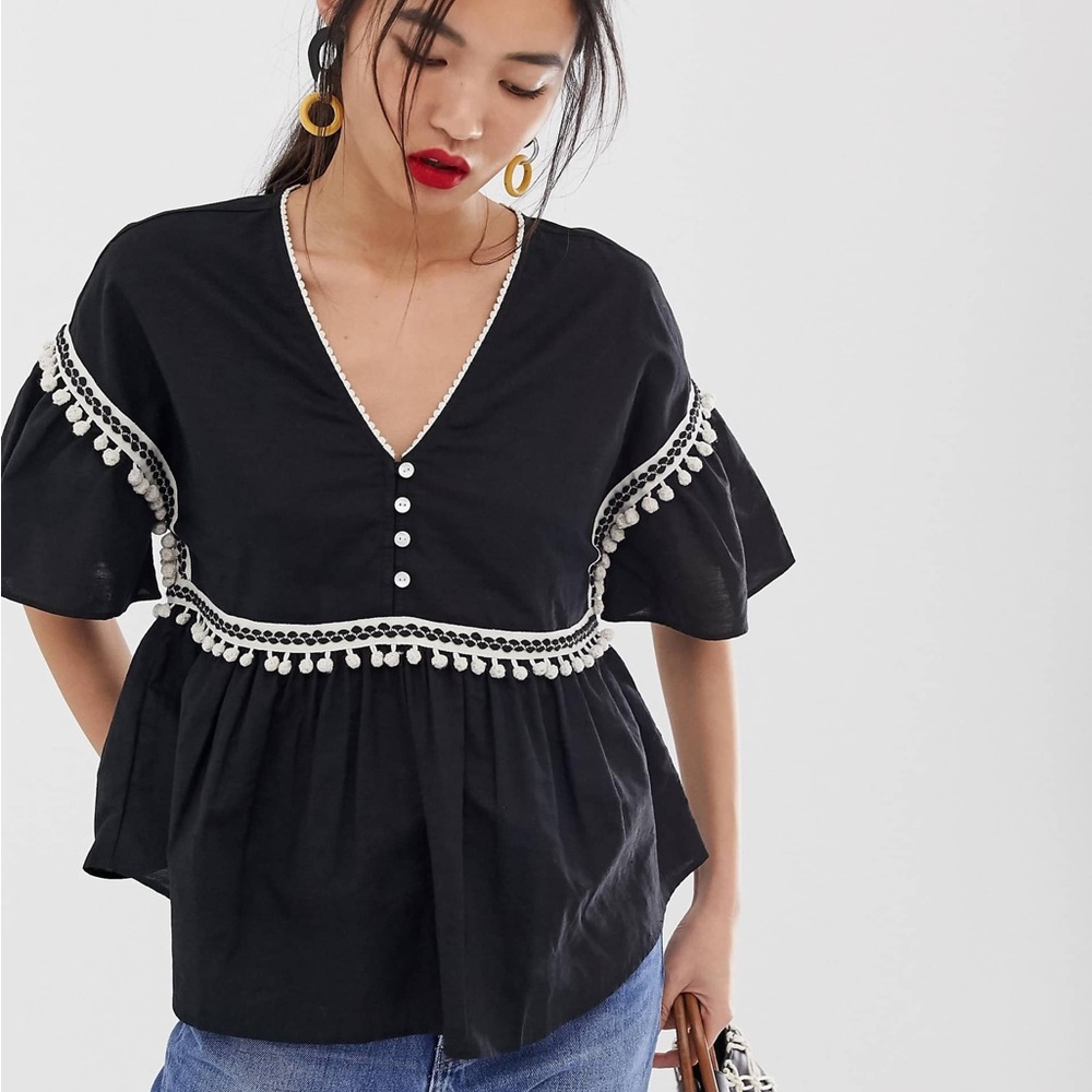 Black Peplum Top with Cream Trim